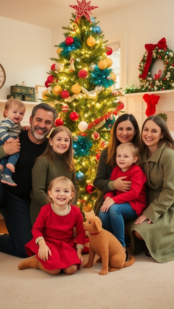 Christmas Tree Family Photoshoot Guide A happy family posing by a Christmas tree with decorations, smiling in a festive living room.